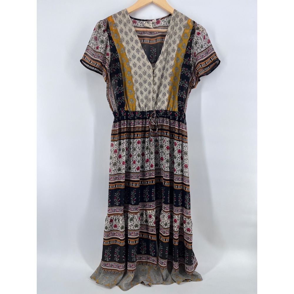 Altar'd State Boho Mixed Floral Print Midi Dress Metallic Gold Thread XS Chic